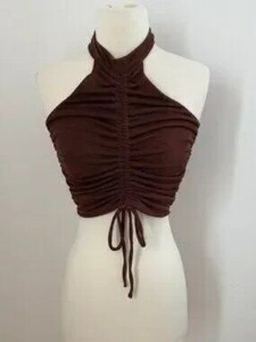 Ruched Halter Crop Top - Metallic Brown